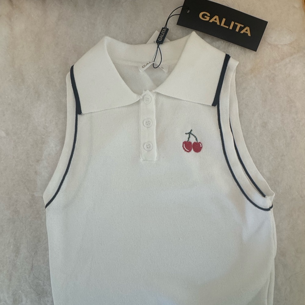 Galita White Sleeveless Polo with Cherry Embroidery